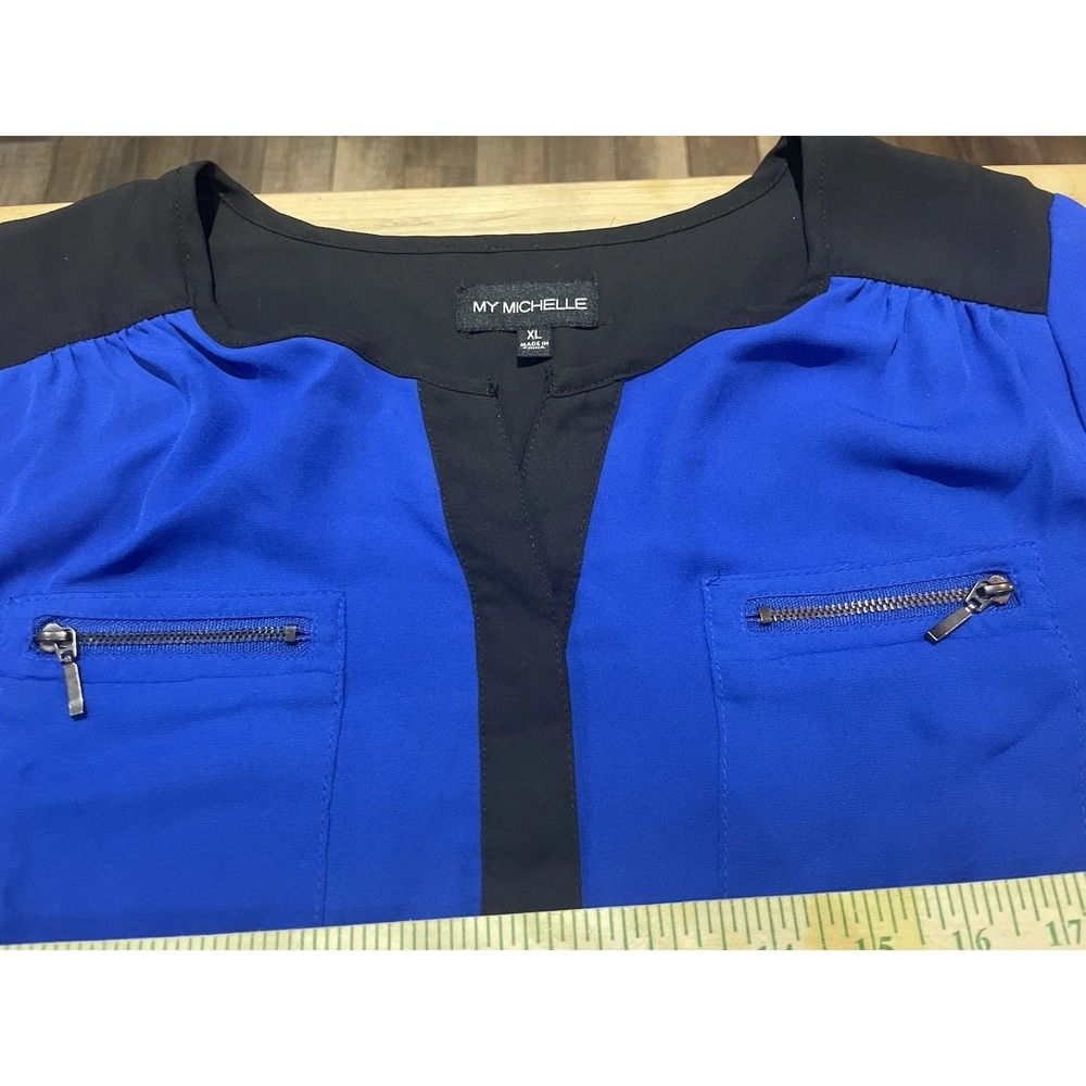 My Michelle Electric Blue Blouse Top Black Trim 3/4 Sleeve Zipper Pockets XL Y2K